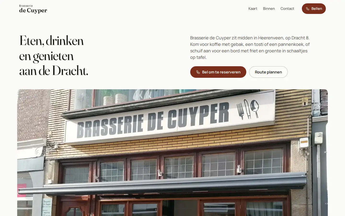 Voorbeeld van richting A: lichte pagina met de gevel en de kop Eten, drinken en genieten aan de Dracht